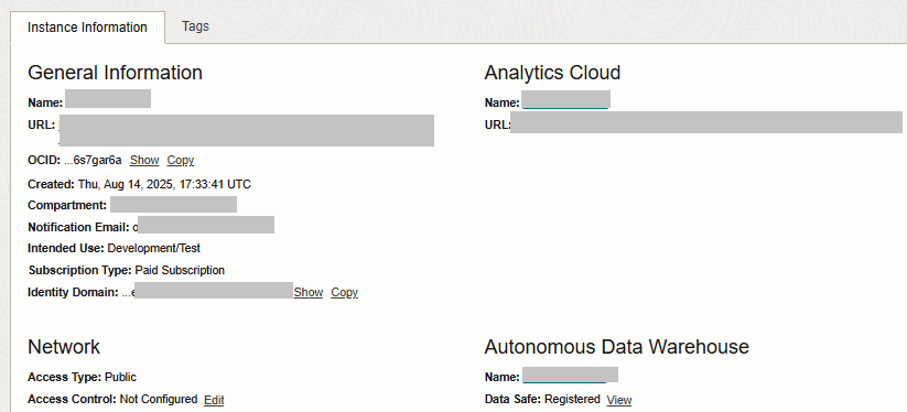 Instance details page displaying Registered for Data Safe under Autonomous Data Warehouse Instance details page displaying Registered for Data Safe under Autonomous Data Warehouse