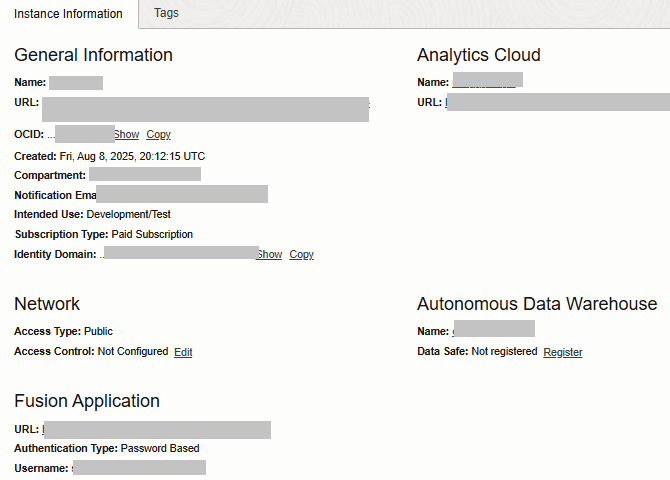 Instance details page displaying the Register option for Data Safe under Autonomous Data Warehouse Instance details page displaying the Register option for Data Safe under Autonomous Data Warehouse
