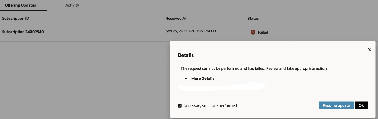 The Details dialog displaying More Details option to view the issues with updating the offerings. The Details dialog displaying More Details option to view the issues with updating the offerings.