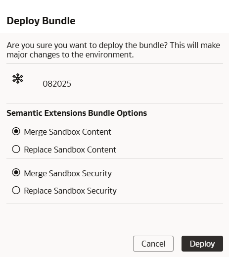Deploy Bundle dialog displaying options to merge or replace the sandbox content