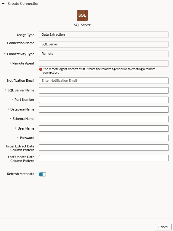 Create Connection for SQL Server dialog Create Connection for SQL Server dialog