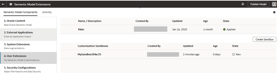 The Semantic Model Extensions page displaying the sandbox that you created