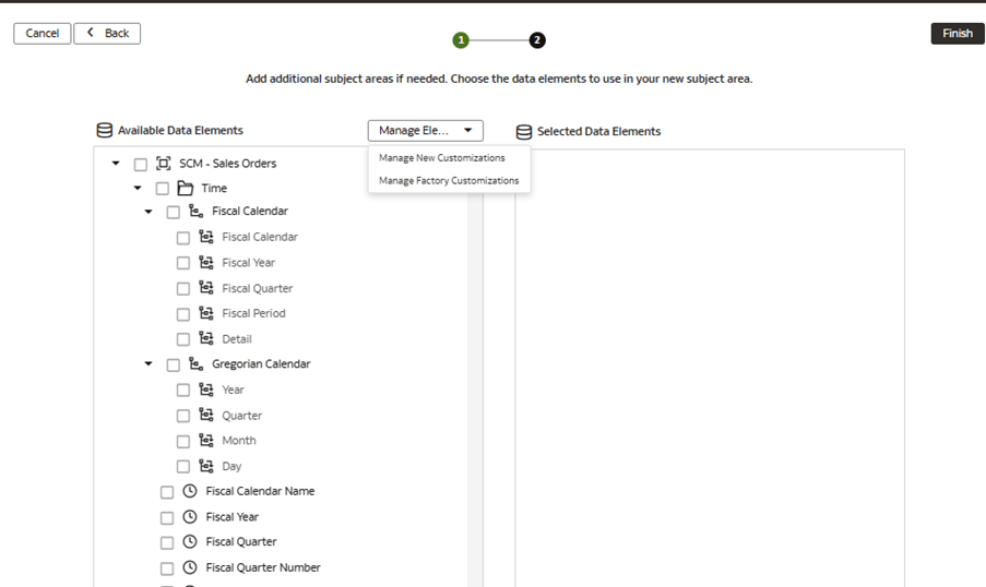 The step 2 of the wizard on the Modify a Subject Area – SCM – Sales Orders page displaying the Manage Elements list of values