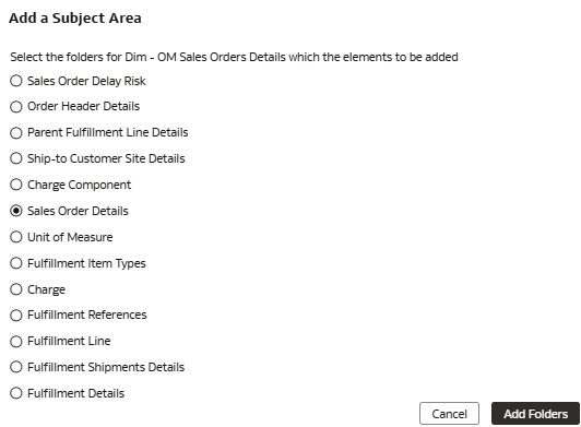 The Add a Subject Area dialog displaying the selected Sales Orders Details folder