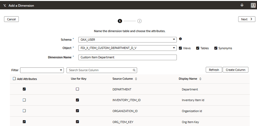 The Add a Dimension page displaying step 1 of the wizard