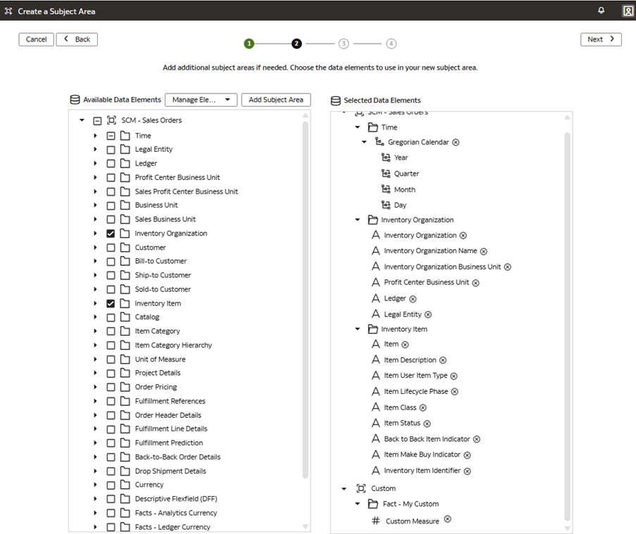 Step 2 of the wizard on the Create a Subject Area page displaying the prebuilt dimensions that you joined to the custom fact in the logical star