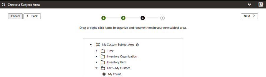 The custom subject area, My Custom Subject Area, that you created