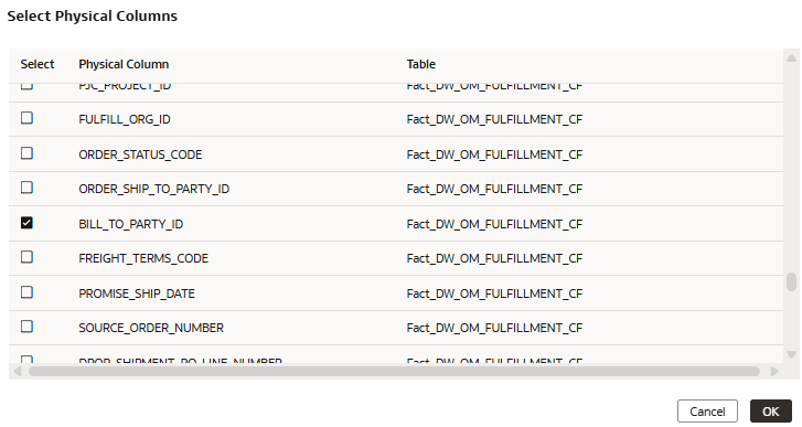 The Select Physical Columns page The Select Physical Columns page