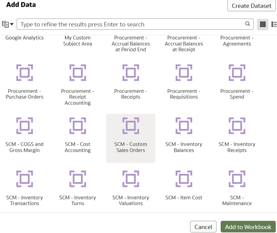 The Add Data dialog displaying the selected custom subject area, SCM – Custom Sales Orders