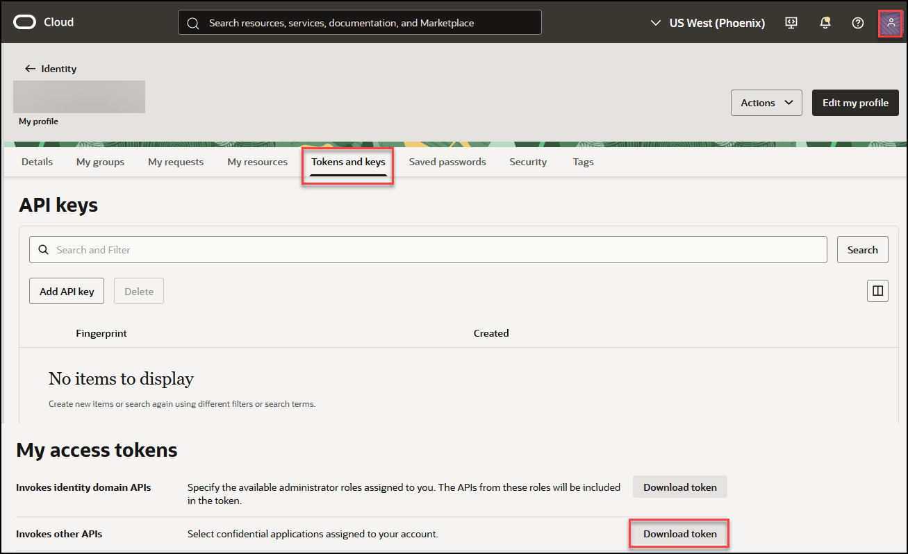 This image shows the Tokens and Keys tab and where a user must click to download the token.