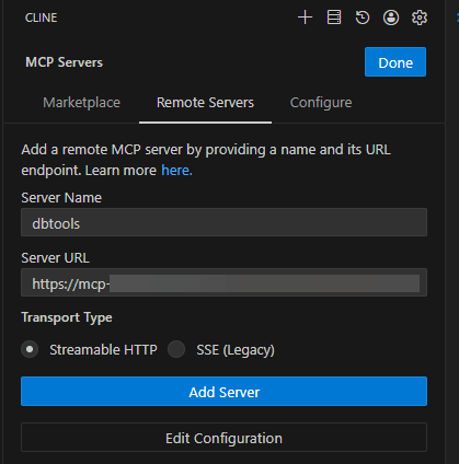 This image shows the Server Name and Server URL fields in the Cline extension.