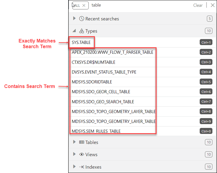 This image shows how results are displayed as two groups when using the Search field.
