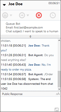 Chat console showing that the agent has sent /Order and the chat has terminated. Chat console showing that the agent has sent /Order and the chat has terminated.