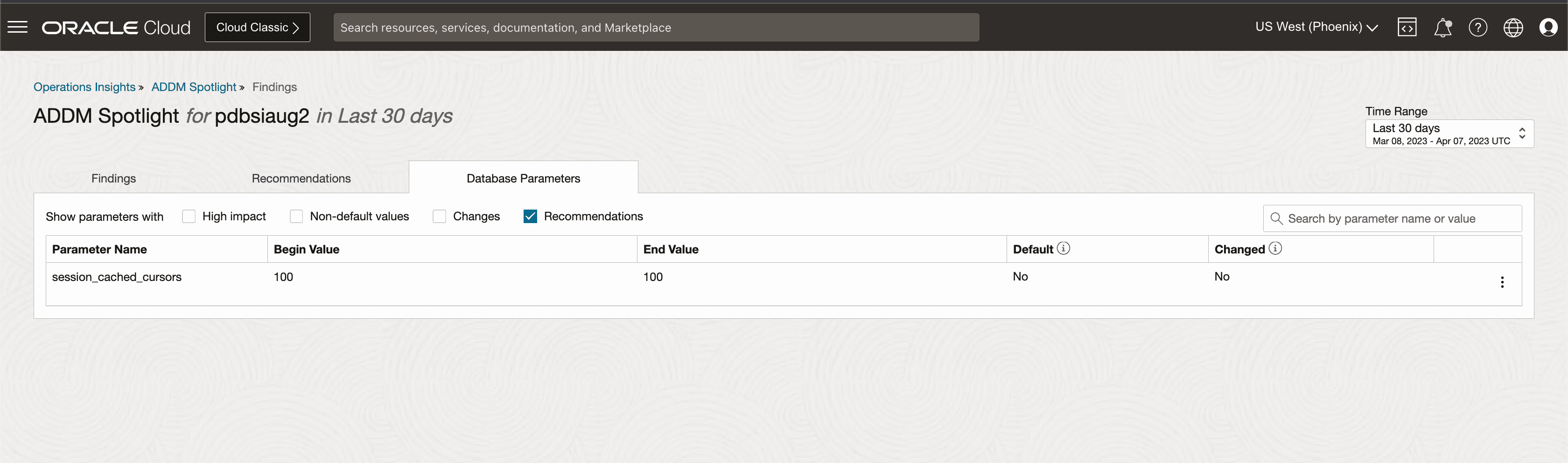 Database Parameters Landing Page