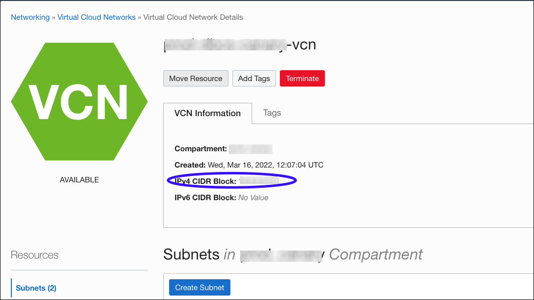 Graphic shows the VCN details page.