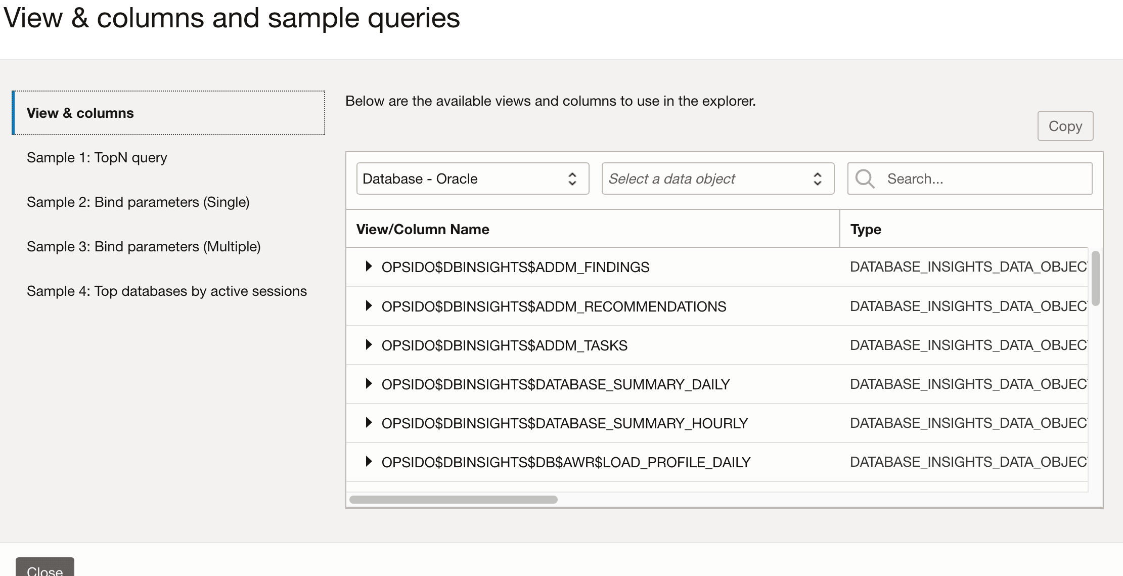 View, column, and sample queries screen View, column, and sample queries screen
