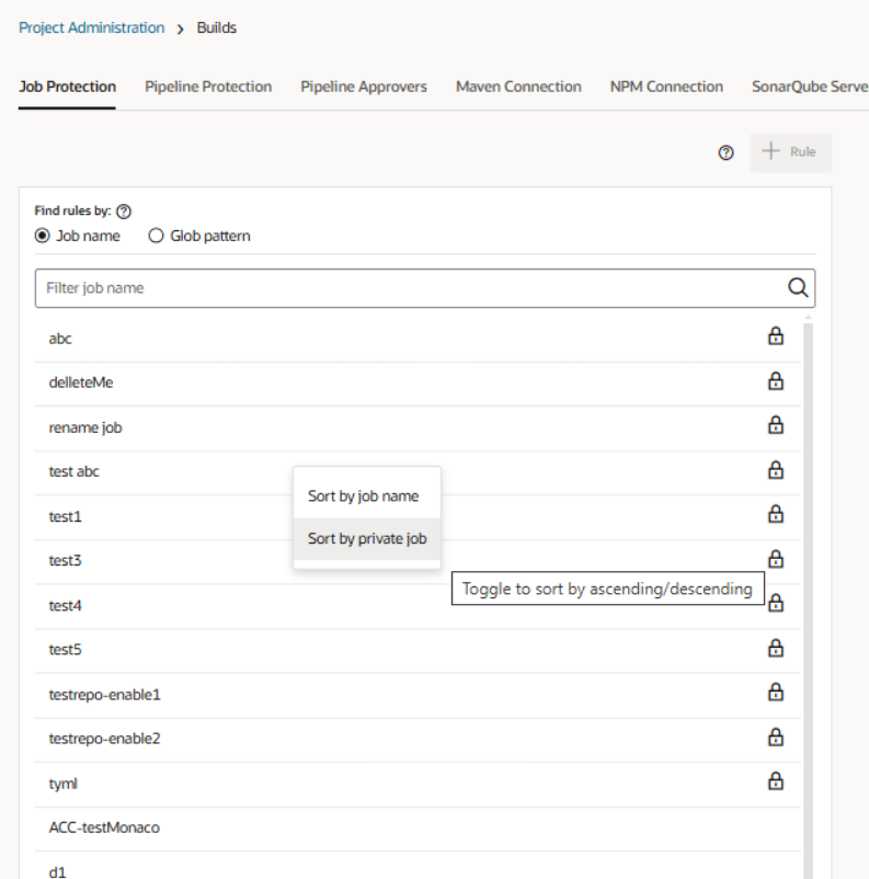 Job protection page sorting options Job protection page sorting options