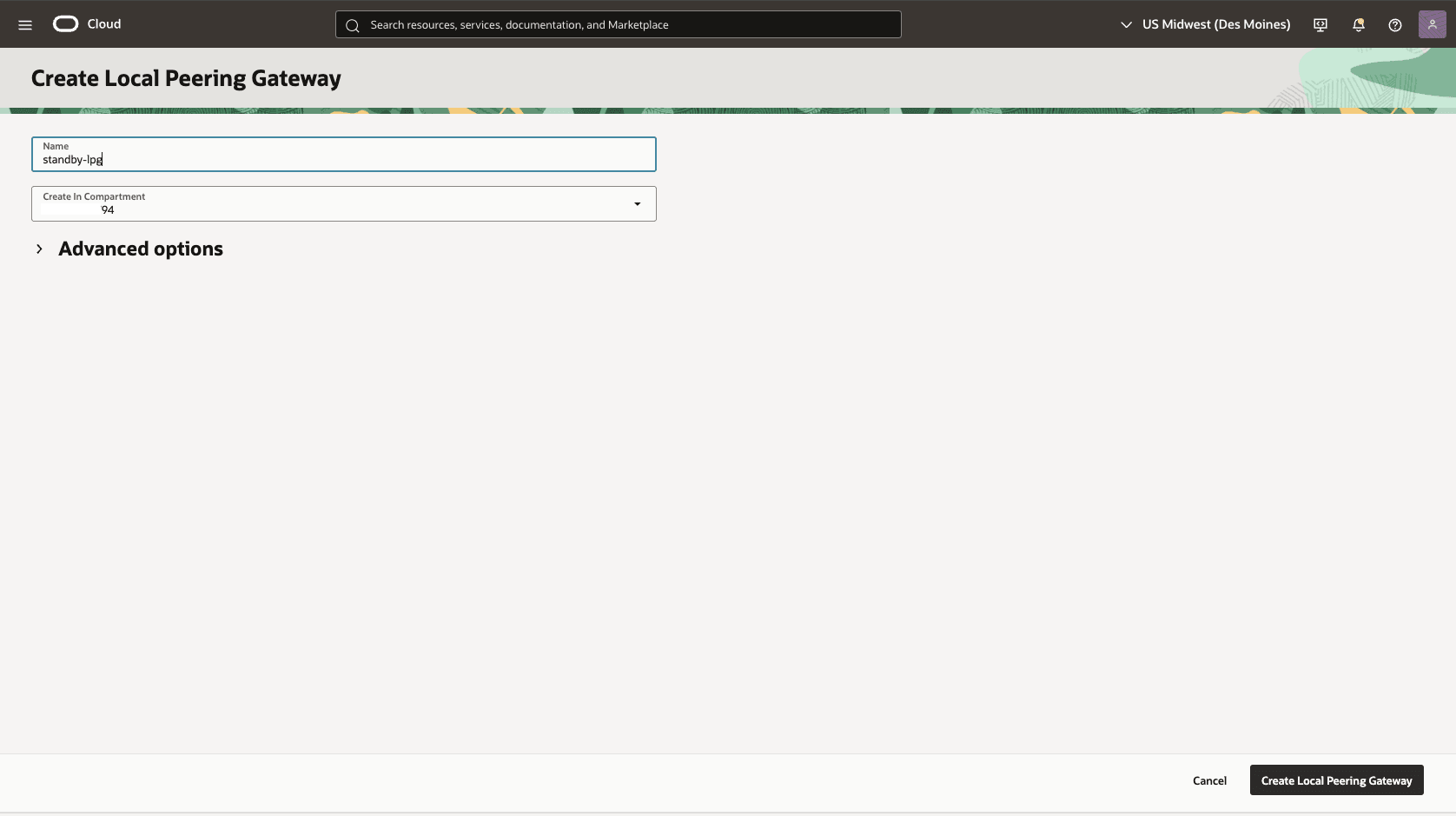 This screenshot shows how to configure the network in the standby region. This screenshot shows how to configure the network in the standby region.