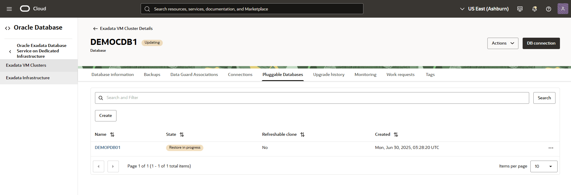 This screenshot shows the Pluggable Database Point-in-Time Restore This screenshot shows the Pluggable Database Point-in-Time Restore