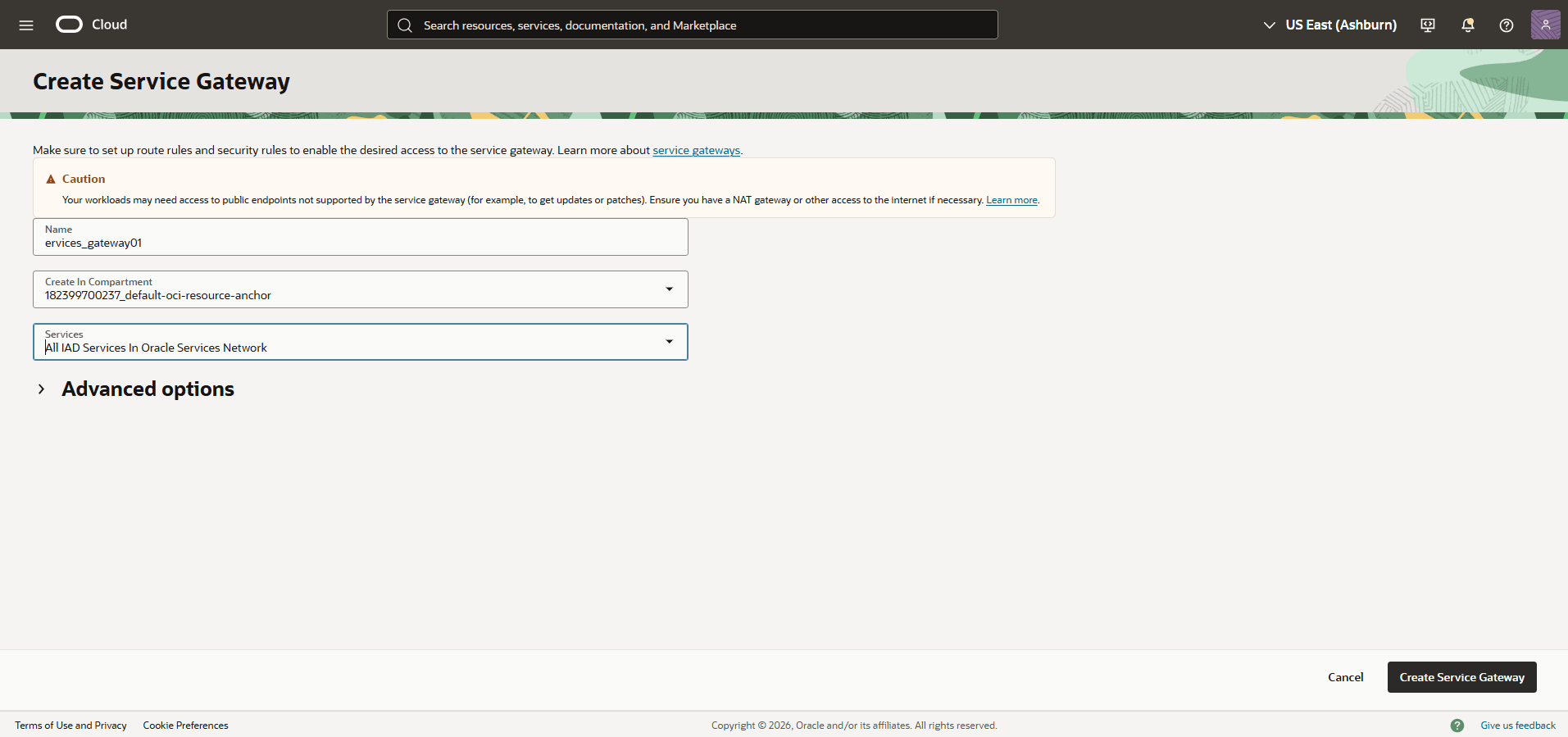This screenshot shows how to create a Service Gateway. This screenshot shows how to create a Service Gateway.