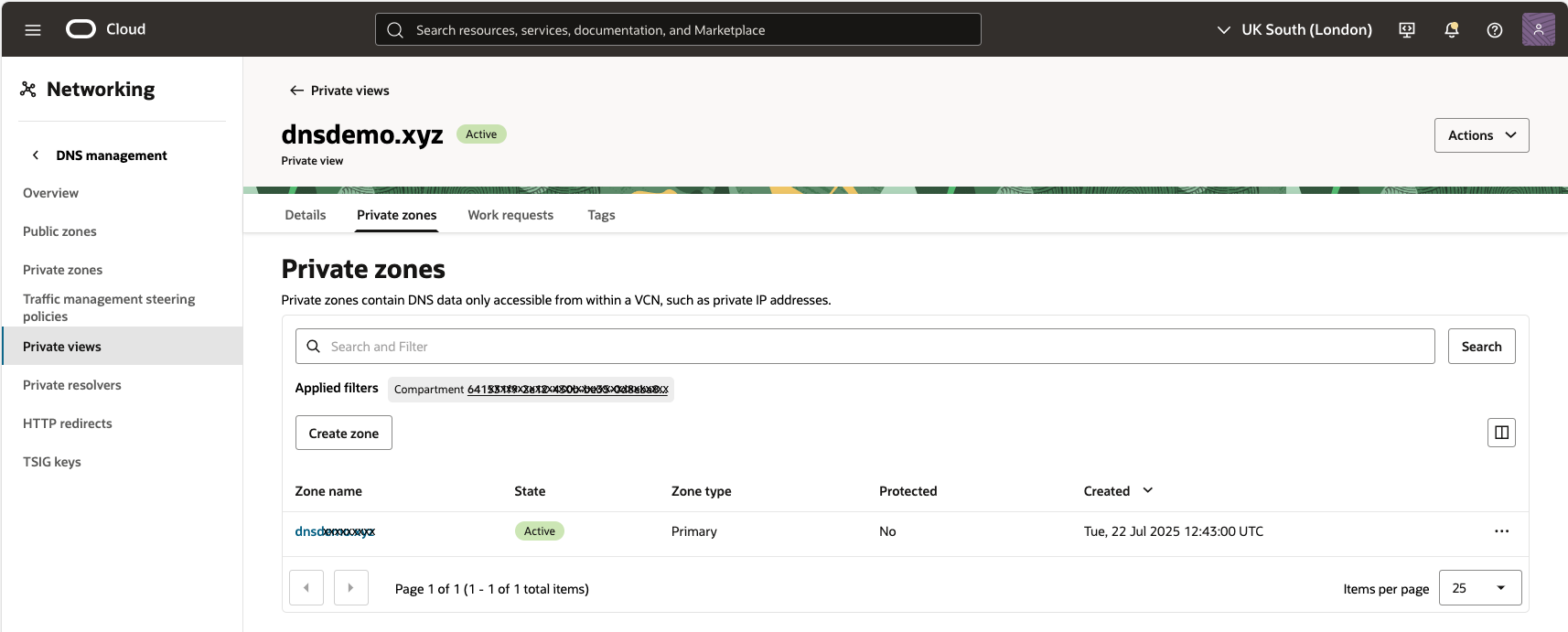 Click to expand private DNS zone