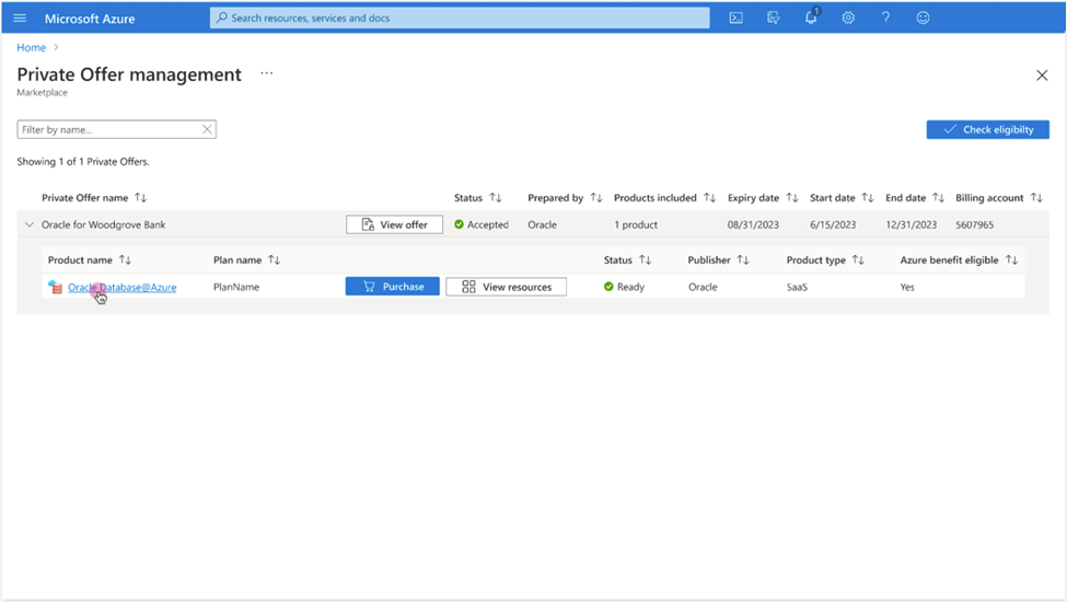 Click to expand An image of the Azure portal showing the Private Offer management page list view.