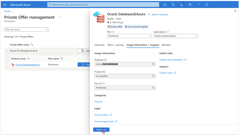 Click to expand An image of the Azure portal showing a user completing the purchase of a private offer by selecting the "Purchase" button.
