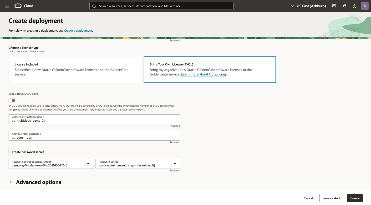 This screenshot shows how to create GoldenGate deployment. This screenshot shows how to create GoldenGate deployment.
