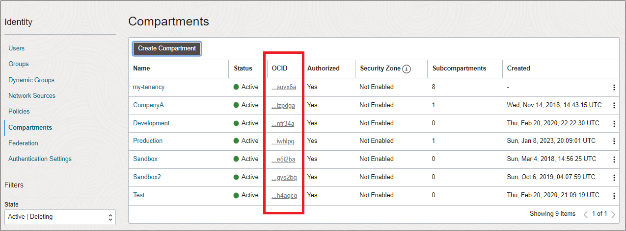 Click to expand Console page showing the OCID of a compartment