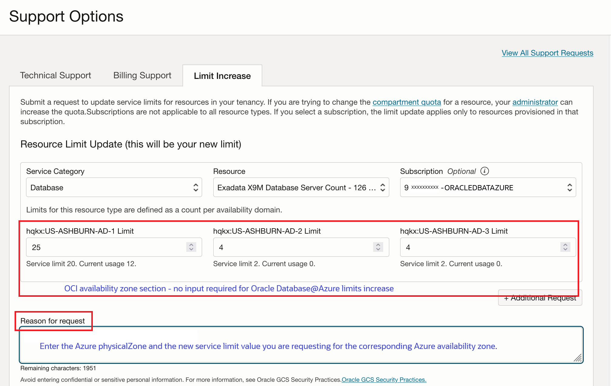 Click to expand An image of the Limits Increase panel of the Support Options form in the OCI console.