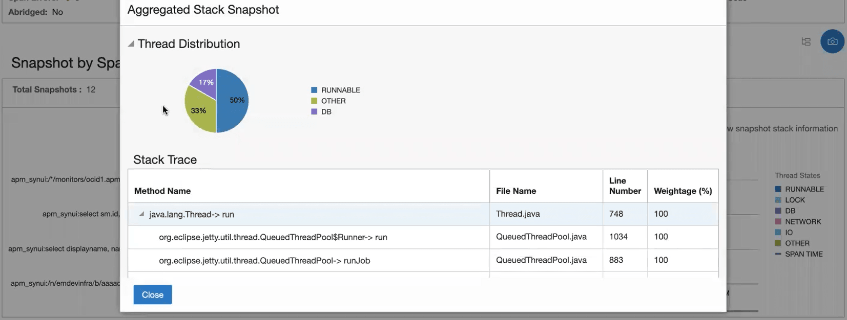 Aggregated Stack Snapshot with thread distribution by states pie chart and stack trace table Aggregated Stack Snapshot with thread distribution by states pie chart and stack trace table