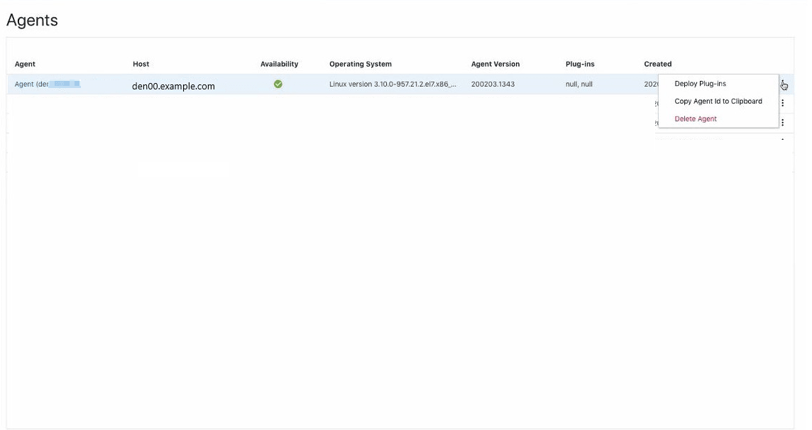 Agents list page that shows the Delete Agent option from action menu list. Agents list page that shows the Delete Agent option from action menu list.